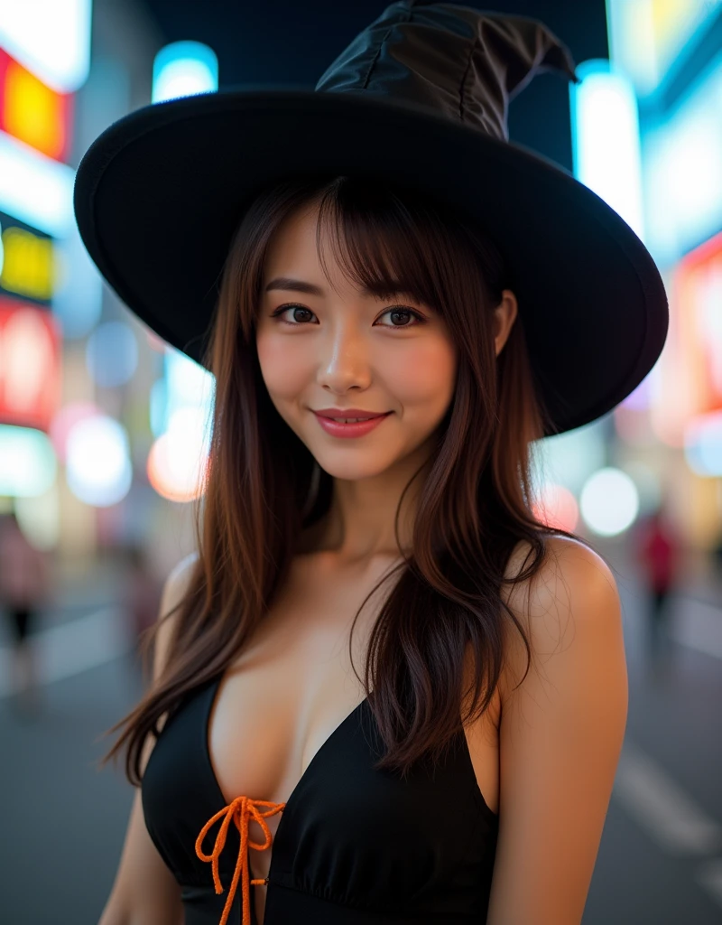 (1 The Ultimate Beautiful Japan Woman)、45 yers old、hyperdetailed face、Detailed lips、(big eye:1.4)、二重まぶた、Medium brunette hair, Colorful Halloween witch costume with decoration、walking down the street、((Open mouth and smile happily))、(Glamorous body)、(large full breasts)、(Curve:1.3), (cowboy shot)、perfect hand, Perfect fingers, perfect chest, Perfect fit, perfect bodies, face perfect, depth of fields、Perfect image realism, Background with:((Ginza Street in Tokyo at night))、Meticulous background, detailed costume, Perfect litthing、Hyper-Realism、Photorealsitic、8K maximum resolution, (masterpiece), ighly detailed, Professional