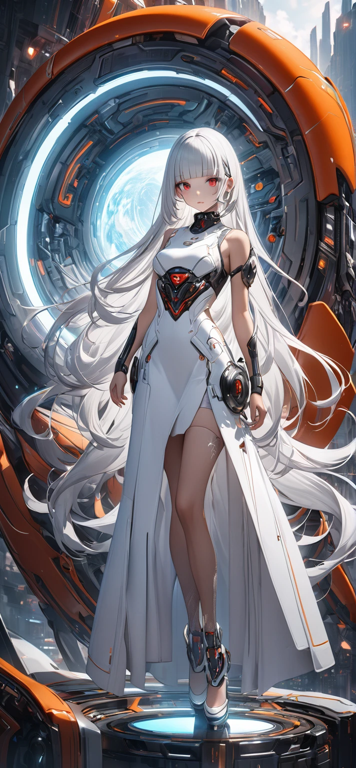 A beautiful good-natured woman with white long  hair and a light white dress looks at the viewer with Indifference. It's on the space station, Full-length 