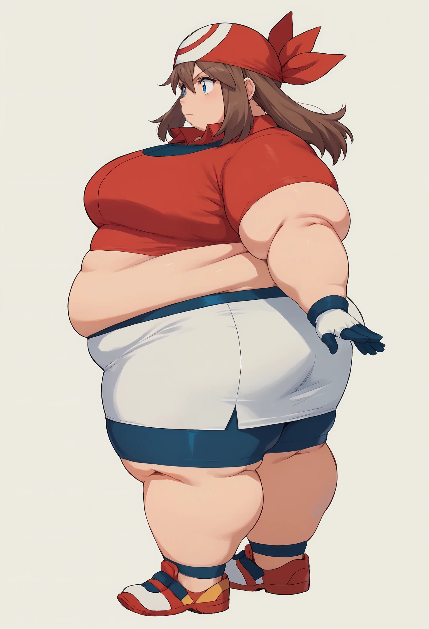 pokemonmay, blue eyes, brown hair, bandana, long hair, red bandana, twintails, hair between eyes,
bike shorts, collared shirt, gloves, microskirt, multicolored shirt, pencil skirt, red shirt, shirt, short sleeves, skirt, white skirt, fat, chubby, obese, gigantic arms and legs, full body shot, side view 