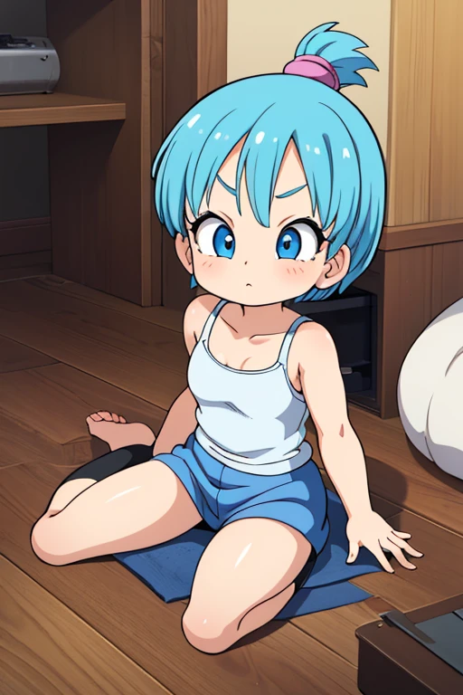  Take the following image as a model and make Bulma from Dragon Ball Daima, It must be small , adorable, young, sensual (100),  short light blue hair .  very pretty girl . sensual legs. tight top. Mechanical workshop. software. cute. ***********. mechanics