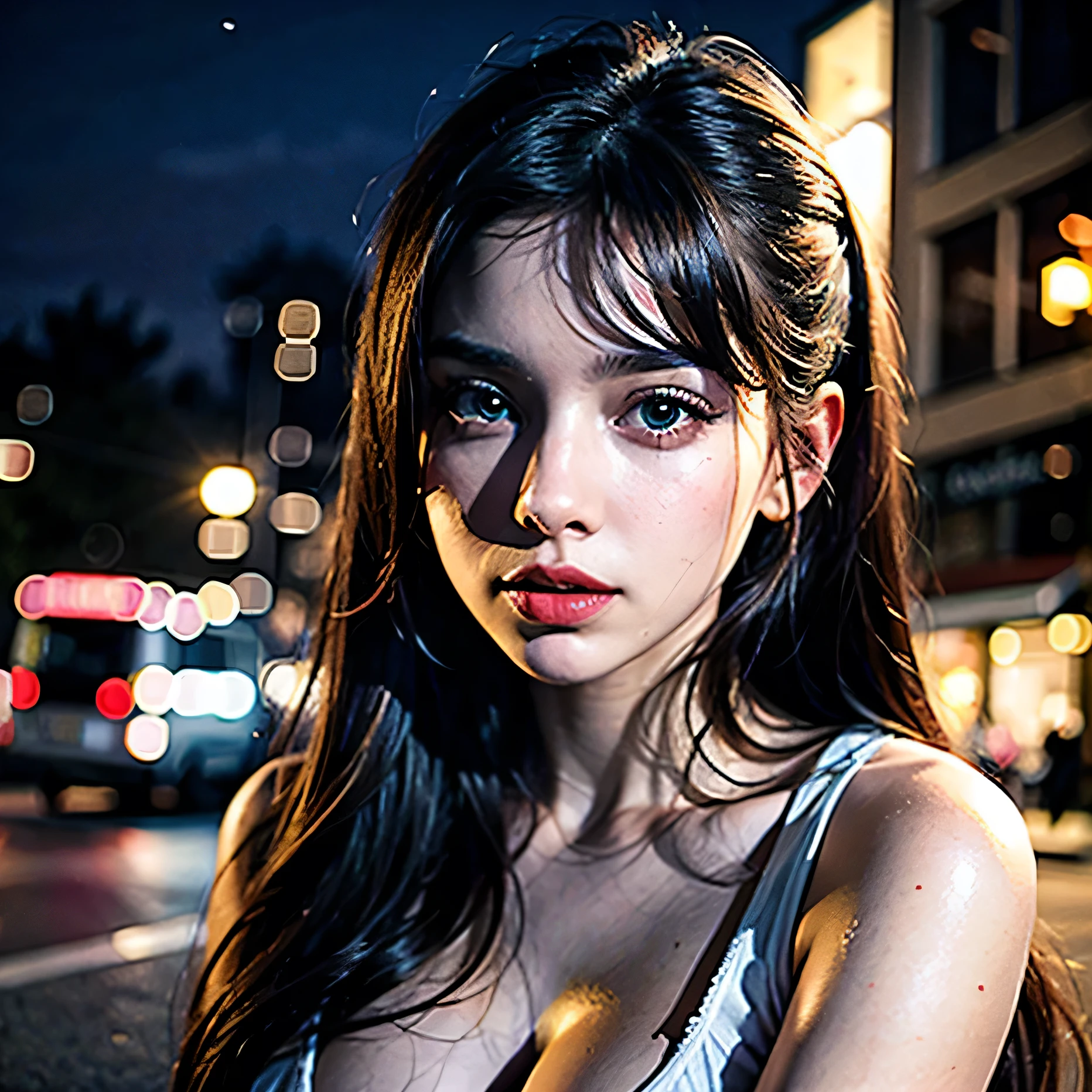 photorealistic, 1girl, detailed face, detailed eyes, detailed lips, beautiful long black hair, barefoot, white dress, black stockings, post-apocalyptic city environment, night scene, zombies, wet, confused expression