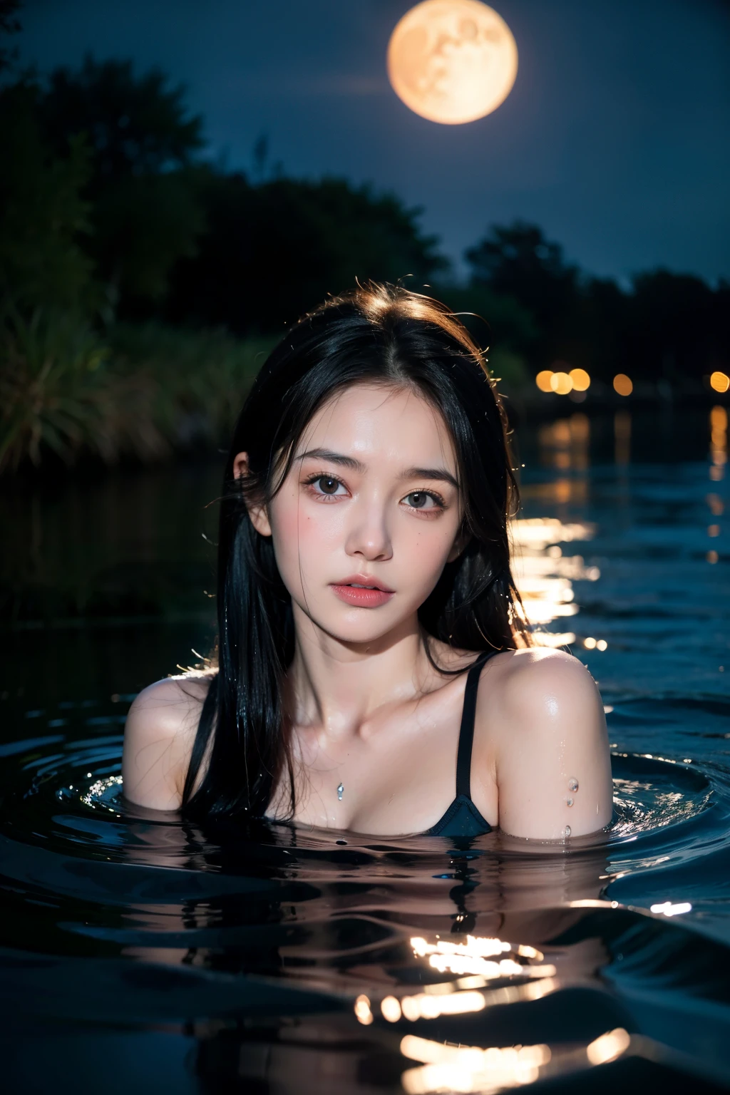 night scene, dark, a stunning photo with beautiful saturation by Emily Soto, pretty korean idol woman, (mature:1.3), black and mesh green short hair, best quality, sultry, seductive, (wet:1),(submerged:1), (looking at viewer:1.3)