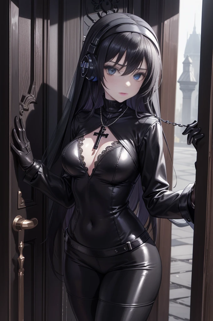 (masterpiece, best quality, ultra detailed, absurdres:1.5), 1girl, (sexy, beautiful woman, perfect face, perfect eyes, perfect female body, large breasts:1.5), (ruanyi022, ), (standing, indoors, cathedral), perfect lighting, smooth, hdr, (short hair, black hair)
