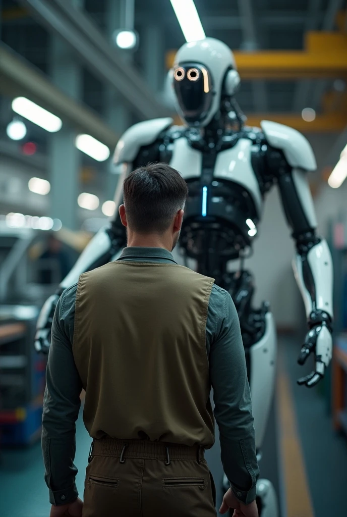 A sad guy trying to fix his female humanoid robot by taking parts of other fallen robots