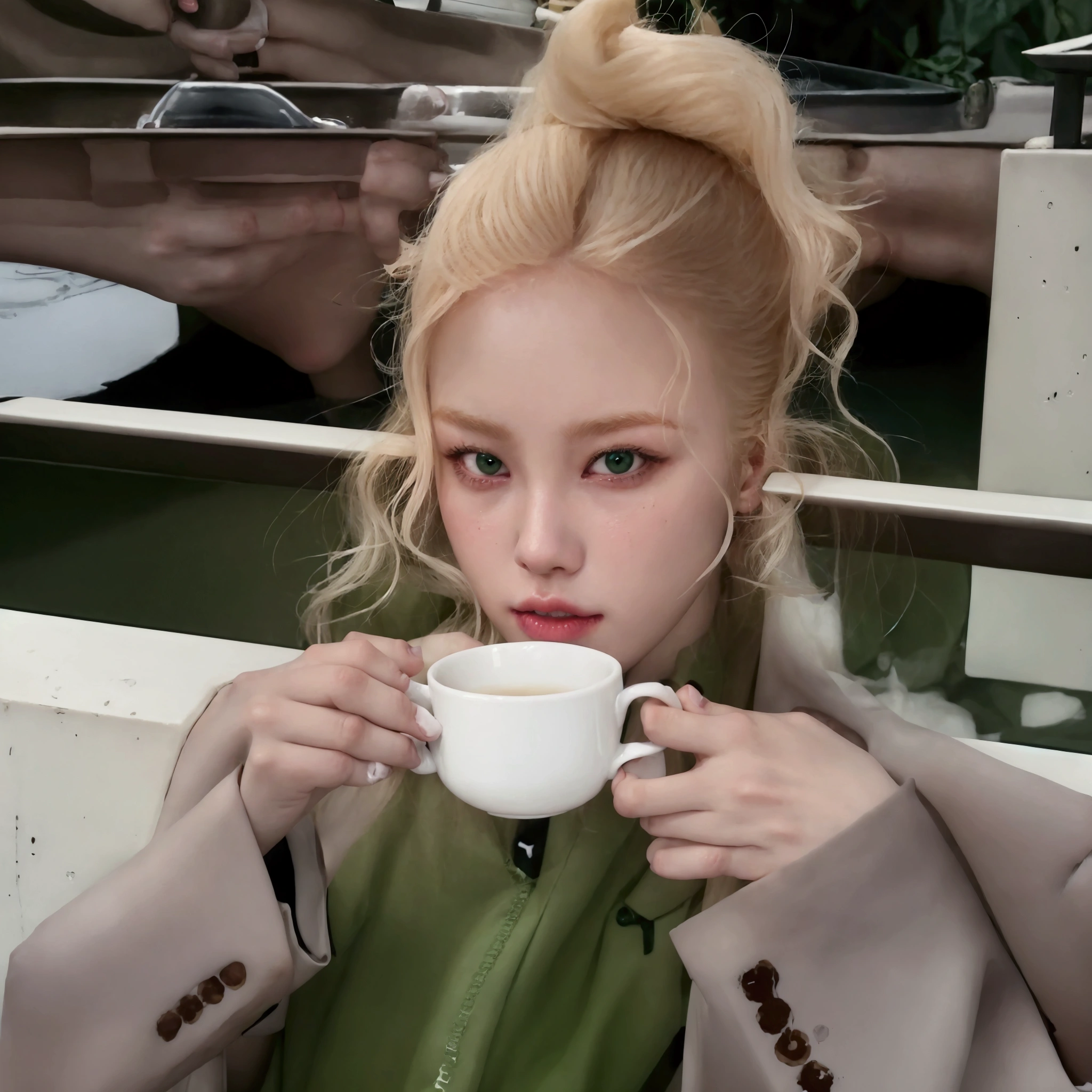 Blonde slant-eyed gal eating soft serve ice cream indoors