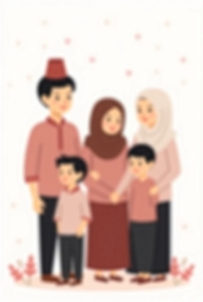 NOZEN WATERCOLOR situation happy family, cheerful, one man age 40, wearing traditional Malay clothes, wearing shoes, one woman age 40, wearing traditional Malay clothes, wearing a long hijab, wearing shoes that cover his feet, one man age 20, wearing traditional Malay clothes, wearing shoes, one woman age 22, wearing traditional Malay clothes, long hijab, wearing shoes covering the feet, park background