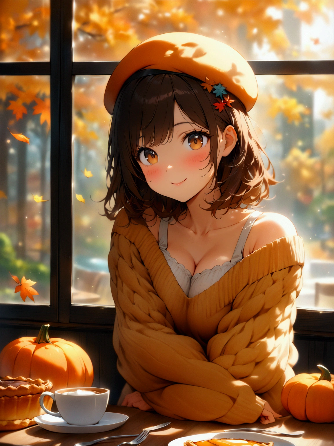 cute girl, (medium hair), (shoulder length hair:1.2), wavy brown hair, colorful hairpins, (bright expressive brown eyes), slight blush, petite body, (shortstack), (big breasts:0.4), natural round breasts, stylish cafe, Sitting, autumn desserts, pumpkin pie, chestnut tart, cute smile, autumn fashion, knit sweater, plaid skirt, beret, soft-colored clothes, warm-toned cafe interior, cozy atmosphere, wooden table, autumn leaves seen through cafe window, plate and fork, hair slightly swaying in the wind, autumn light streaming through the window, gentle light reflection, (masterpiece, best Quality, 16k), high Quality Face, highly Quality background