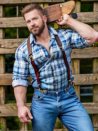 Lumberjack outfit. Plaid shirt. Tight jeans. Suspenders. Axe. Beard. blue eyes, 1boy, cartoon, Expressive_H