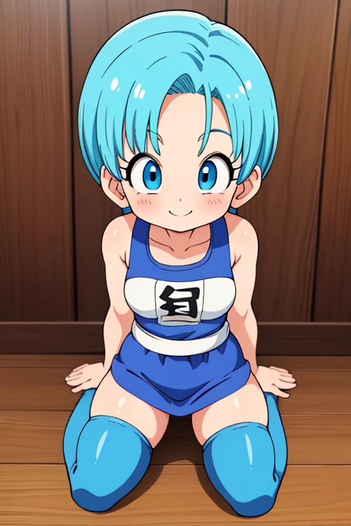  Take the following image as a model and make Bulma from Dragon Ball Daima, It must be small , adorable, young, sensual (100),  short light blue hair .  very pretty girl . sensual legs. tight top. Mechanical workshop. software. cute. ***********. mechanics. look at the viewer. happy smile. illusion . fitted bodice