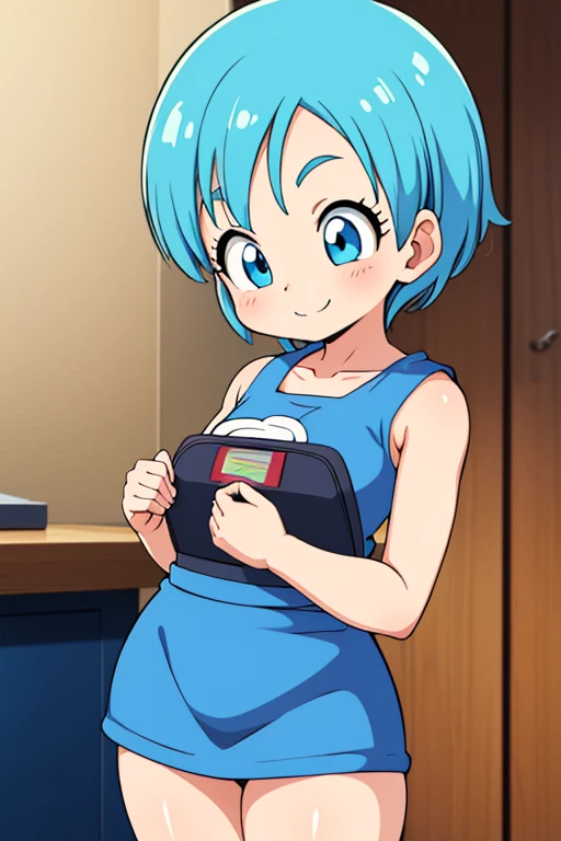  Take the following image as a model and make Bulma from Dragon Ball Daima, It must be small , adorable, young, sensual (100),  short light blue hair .  very pretty girl . sensual legs. tight top. Mechanical workshop. software. cute. Little girl. mechanics. look at the viewer. happy smile. illusion . fitted bodice