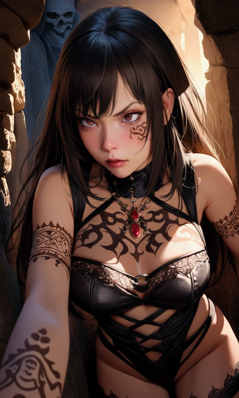 Gothic girl,Lie on the ground,Metal bandage binding,Mechanical bikini bondage,Tightened,There is a lot of rope, There was a lot of rope hanging from the room,Giant laser cannon, Chinese symbols, Mottled light and shadow of the old times,Full of rope nets,Look down on me,Sweat beads,Abusive expressions,Begging expression