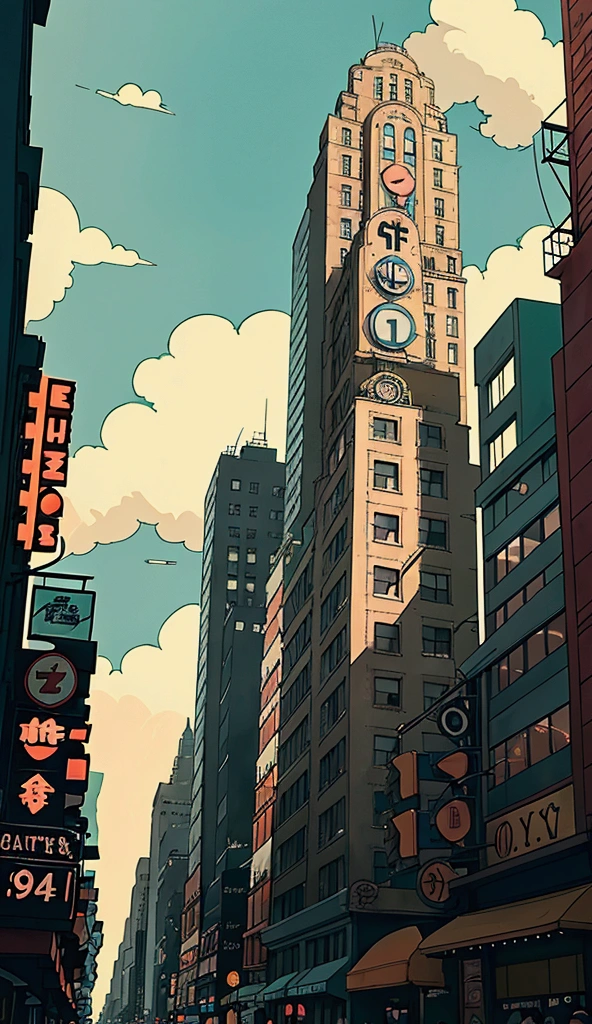 Studio Ghibli style concept art of a quiet 1940s New York street. Tall vintage buildings with large neon signboards dominate the scene, while fewer cars and people appear below. The sky is vivid, with colorful clouds adding depth and contrast to the cityscape, highlighting the classic architecture and vintage signs."