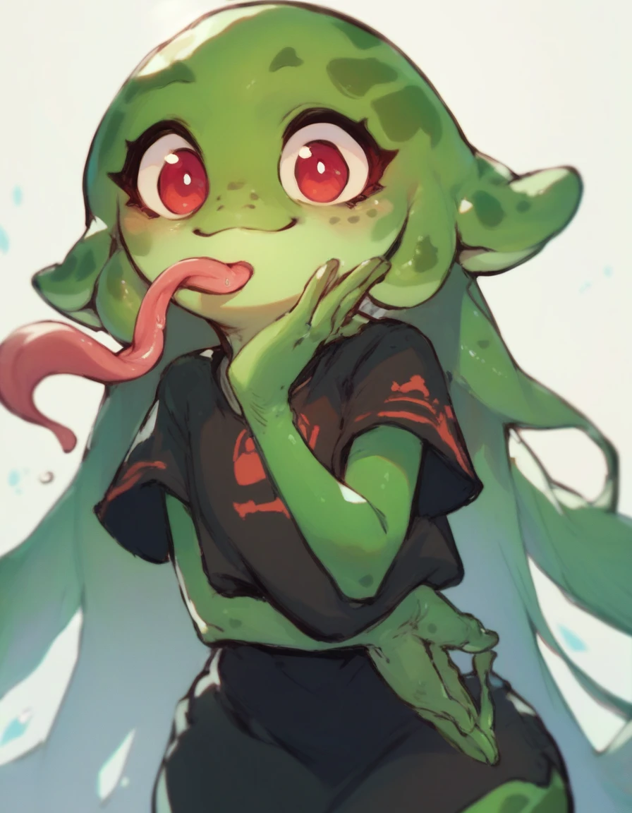 cute smile, anime girl, very long hair, wide hips, green skin, red eyes, long tongue, black clothes, hands of frog