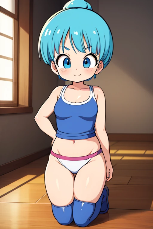  Take the following image as a model and make Bulma from Dragon Ball Daima, It must be small , adorable, young, sensual (100),  short light blue hair .  very pretty girl . sensual legs. tight top. Mechanical workshop. software. cute. ***********. mechanics. look at the viewer. happy smile. illusion . fitted bodice.  small body . exposed navel