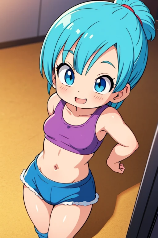  Take the following image as a model and make Bulma from Dragon Ball Daima, It must be small , adorable, young, sensual (100),  short light blue hair .  very pretty girl . sensual legs. tight top. Mechanical workshop. software. cute. ***********. mechanics. look at the viewer. happy smile. illusion . fitted bodice.  small body . exposed navel