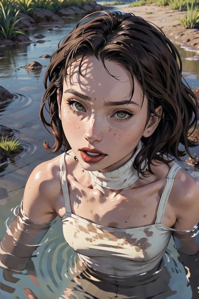 (vector:1.2), woman, gloomy orgasm, turtleneck and jeans, drowning in the middle of quicksand bog, green,red,sky, red lips, turns around, (medium portrait shot)