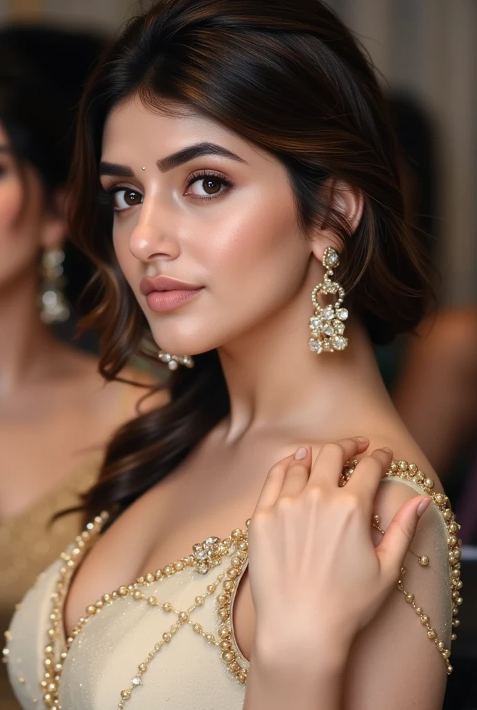 (masterpiece, best quality:1.2), 1girl, solo, Tamanna dress3,1girl, 3d, blurry, blurry background, blurry foreground, bra, breasts, cleavage, close-up, collarbone, depth of field,