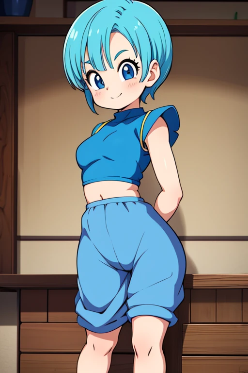 Bulma de Dragon Ball Daima, It must be small , adorable, young, sensual (100),  short light blue hair .  very pretty girl . sensual legs. tight top. Mechanical workshop. software. cute.  girl. mechanics. look at the viewer. happy smile. illusion . fitted bodice.  small body . exposed navel