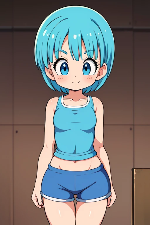 Bulma de Dragon Ball Daima, It must be small , adorable, young, sensual (100),  short light blue hair .  very pretty girl . sensual legs. tight top. Mechanical workshop. software. cute. ***********. mechanics. look at the viewer. happy smile. illusion . fitted bodice.  small body . exposed navel