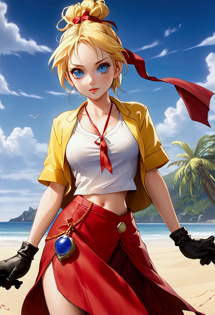 score_9, score_8_up score_7_up, (leg focus), (viewed from slightly below:1.27), ((mature face)), blue eyes, warm smile, 20 years old, yellow hair in a high braided ponytail, (small bust:1.42), navel, standing on white sand beach, fitted jacket 3/4 cropped (red), ((nude torso under jacket)) , form fitting micro skirt (red), ((skirt is partially open)), (yellow pubic hair peeks out of her skirt:1.37), (wearing loose leather boots), (wearing ankle wraps), detailed face, detailed eyes, detailed lips, highly detailed hands, 8k, UHD, cinematic lighting, vivid colors, dramatic shadows, masterpiece, award winning art, (full length portrait:1.37), (wide angle:1.37), (kdecc, ponytail, ((facial mark)), necklace, red vest, midriff, red skirt, gloves), corset_piercing