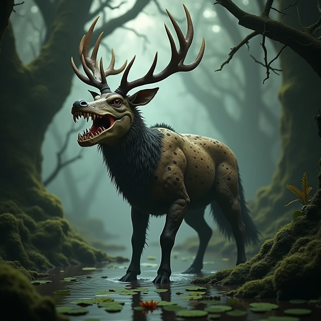 Name: The Forest WatcherApariencia:deer head: The head of this creature is a macabre replica of a deer, with long, twisted antlers that appear to be made of bone rather than wood. The creature's mouth is filled with rotting flesh., dripping a dark, viscous liquid.Bear fur: Its body is covered with dense, messy fur., similar to that of a bear, but with patches of skin that appear to be in the process of decomposition.Skeletal parts: The body has several areas where the skeleton can be seen through the skin., especially in the arms and back. The exposed bones have a greyish appearance and are covered in moss and fungus..Legs of flesh and bone: The legs are long and thin, combining fresh meat with visible bones that look like they're about to break. They are strong enough to move quickly through the forest..Nailed to his back: Several long, sharp bones emerge from his back., that seem to dig into the creature's flesh, as if they were parts of a primordial spine. These bones are covered in a black, slimy substance..Behavior:The Forest Watcher es una criatura solitaria que patrulla su territorio con una actitud amenazante. It moves with a mix of agility and heaviness., His presence is a bad omen for those who venture too far into his realm.. It emits a deep, guttural sound that resonates in the forest., and those who hear it are often drawn to a sense of terror and despair.Habitat:Prefers dense and dark forests, where its monstrous appearance blends with the shadow and vegetation. Abandoned places and areas with lots of decaying vegetation are their natural home..I hope you like this description. Is there anything else you would like to add or modify??This content may violate our Terms of Use.Did we misunderstand?? Cuen**Name:** The Forest Watcher **Ap