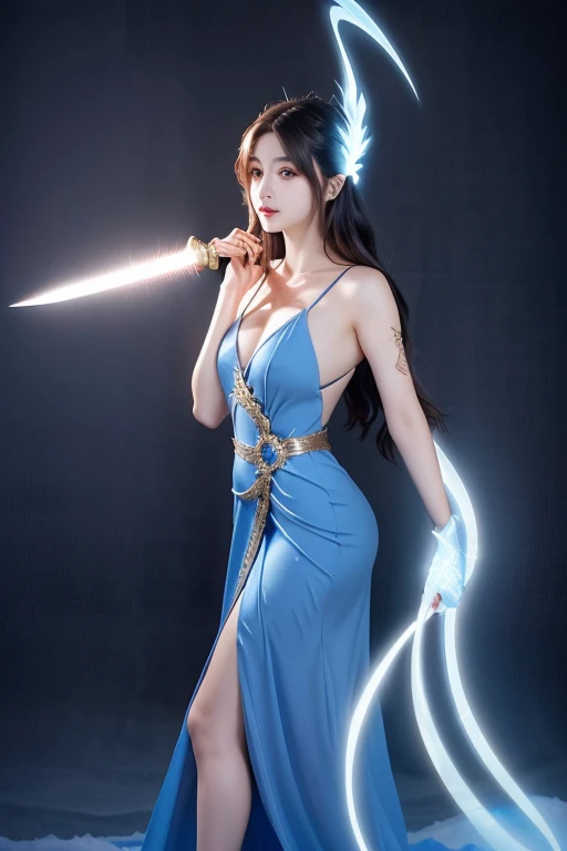 bluer hair:1.2,Short hair,femele,Ancient Chinese street scene,Rainy days,Blue cheongsam tight one-piece slit,Broad bare breasts,The skirts parted,Satin,Full-body image,Wet dripping,Holding a green dragon sword in his hand,The sword body is bubbling with cold light,Facial moisture,Expose the collarbone