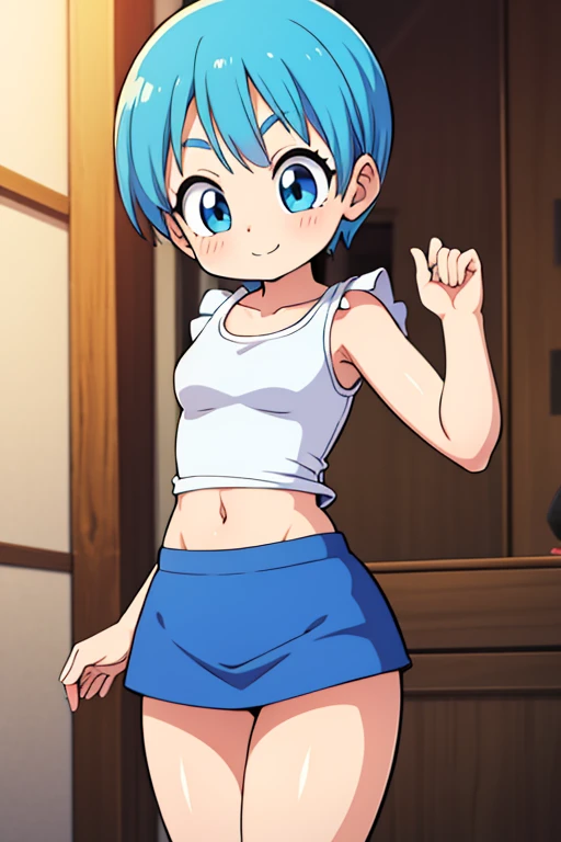  Bulma Dragon Ball Daima extravagant miniskirt, It must be small , adorable, young, sensual (100),  short light blue hair .  very pretty girl . sensual legs. tight top. Mechanical workshop. software. cute. ***********. look at the viewer. happy smile. illusion . fitted bodice.  small body . exposed navel. minifalda extrabagante