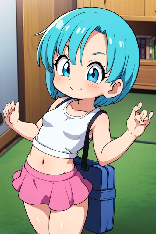  Bulma Dragon Ball Daima extravagant miniskirt, It must be small , adorable, young, sensual (100),  short light blue hair .  very pretty girl . sensual legs. tight top. Mechanical workshop. software. cute. ***********. look at the viewer. happy smile. illusion . fitted bodice.  small body . exposed navel. minifalda extrabagante