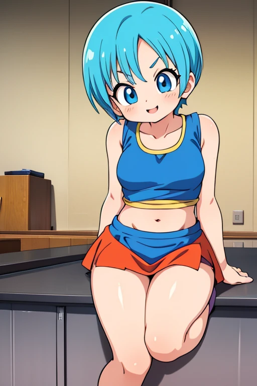  Bulma Dragon Ball Daima extravagant miniskirt, It must be small , adorable, young, sensual (100),  short light blue hair .  very pretty girl . sensual legs. tight top. Mechanical workshop. software. cute. ***********. look at the viewer. happy smile. illusion . fitted bodice.  small body . exposed navel. minifalda extrabagante