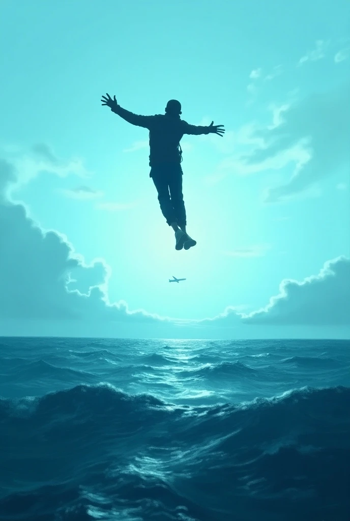 A hand that catches the silhouette of a man levitating in the air