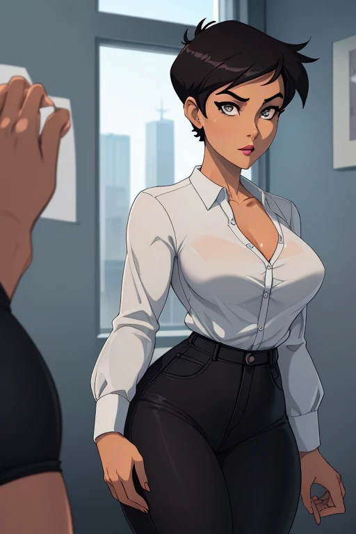 Secretary in torn official dress, oral rape, modern office, futurama style