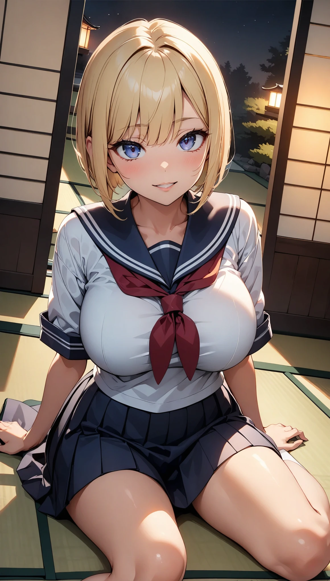 (Japanese high school girl ), Shaky lips, Big Breasts,  beautiful skin in NFSW, Beautiful eyes, Long eyelashes, ((Blonde, Bobcut)), Looking at the camera, Sit down, Sailor suit, Looking up, Laugh,  Dutch angle with deeper shadows, ((Japanese-style room with shoji and tatami mats , midnight, Candlelight)), Obscene, obscene,  Erotic.