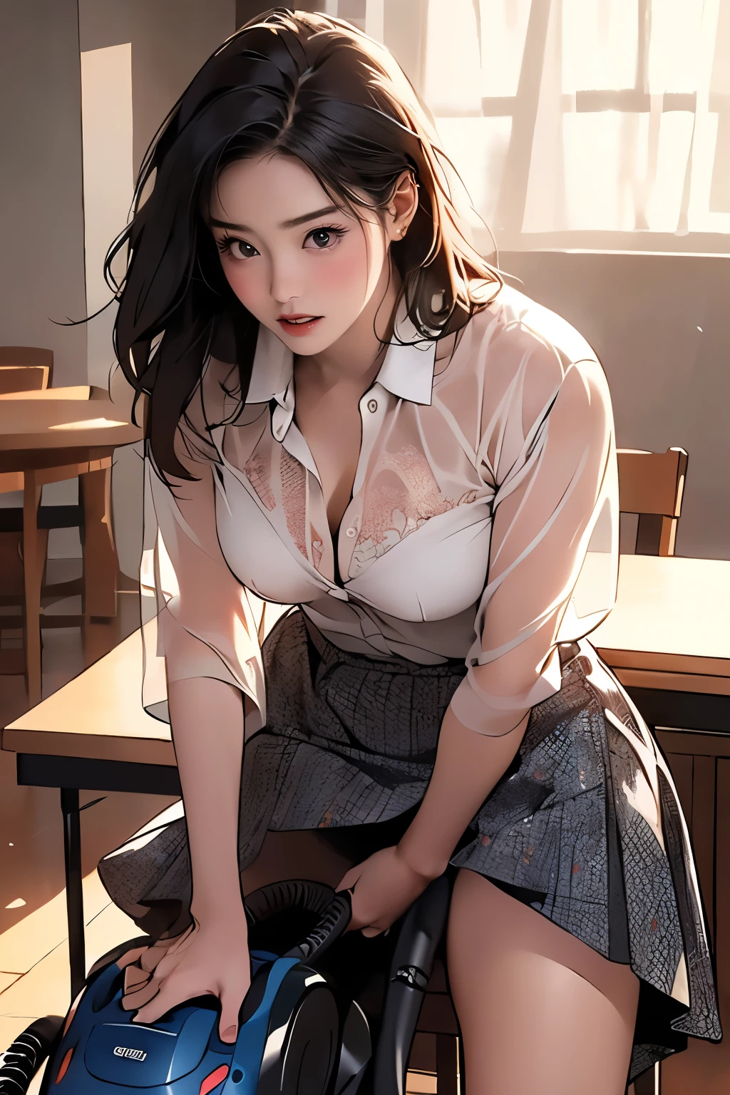 (round face), eyes with realistic sizing, drooping eyes, blush, sweat, shame, (house wife, (see-through shirt) with (areolas and nipples:0.8), patterned skirt, drawn detailed panties, vacuum cleaner, (standing close the table corner and straddling to hit her crotch against a corner of the table for self pleasure), spread legs,