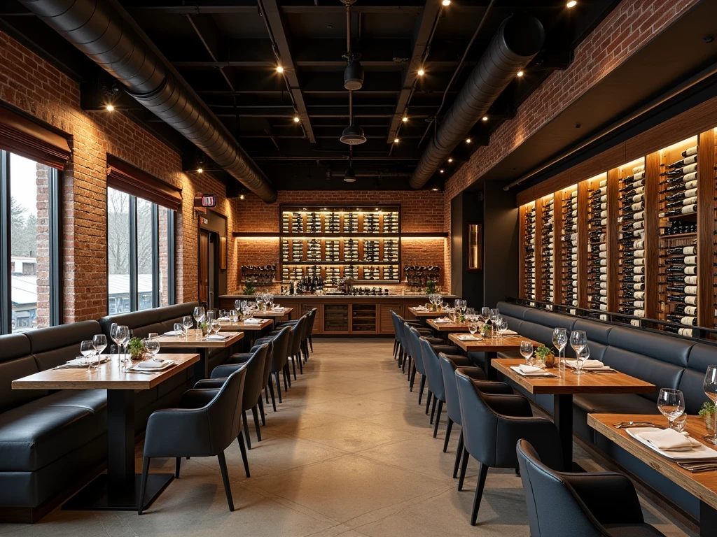 chic modern industrial style restaurant,  with indirect lights, intimate atmosphere, wine cellar 