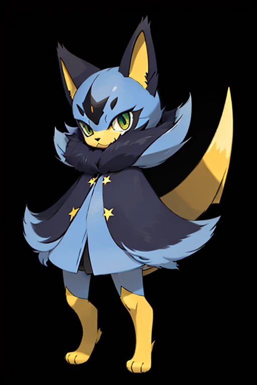  Pokémon-style illustration of a small dark-blue kitten ,  with a smooth coat and a subtle sheen .  A small prominent golden four-pointed star is on the forehead, embossed . Big, expressive eyes,  with a blue-green tone , slightly rounded.  The body is proportional to a kitten ,  but with a stylized and slightly angular style , as in Pokémon .  long thin tail,  ending with a golden four-pointed star .  The dark blue coat is uniform ,  but with subtle nuances of a lighter shade of blue ,  almost like a reflection of light in a night sky .  Stylized coat details ,  but with a soft texture ,  to maintain the fluffy appearance .  The ears have vibrant yellow tips .  The legs are stylized ,  but keep a shape similar to that of a cat ,  and have slight star-shaped details ,  small and discreet .  The lines of the drawing are precise ,  but with a touch of  "sketch",  as if it were still being drawn .  The overall style is a watercolor drawing , with soft colors and translucency ,  but with the precise detail of a digital drawing . simple background, White, para focar no Sketchmon.  High quality digital illustration ,  focusing on the expressiveness of the look and the brightness of the stars .