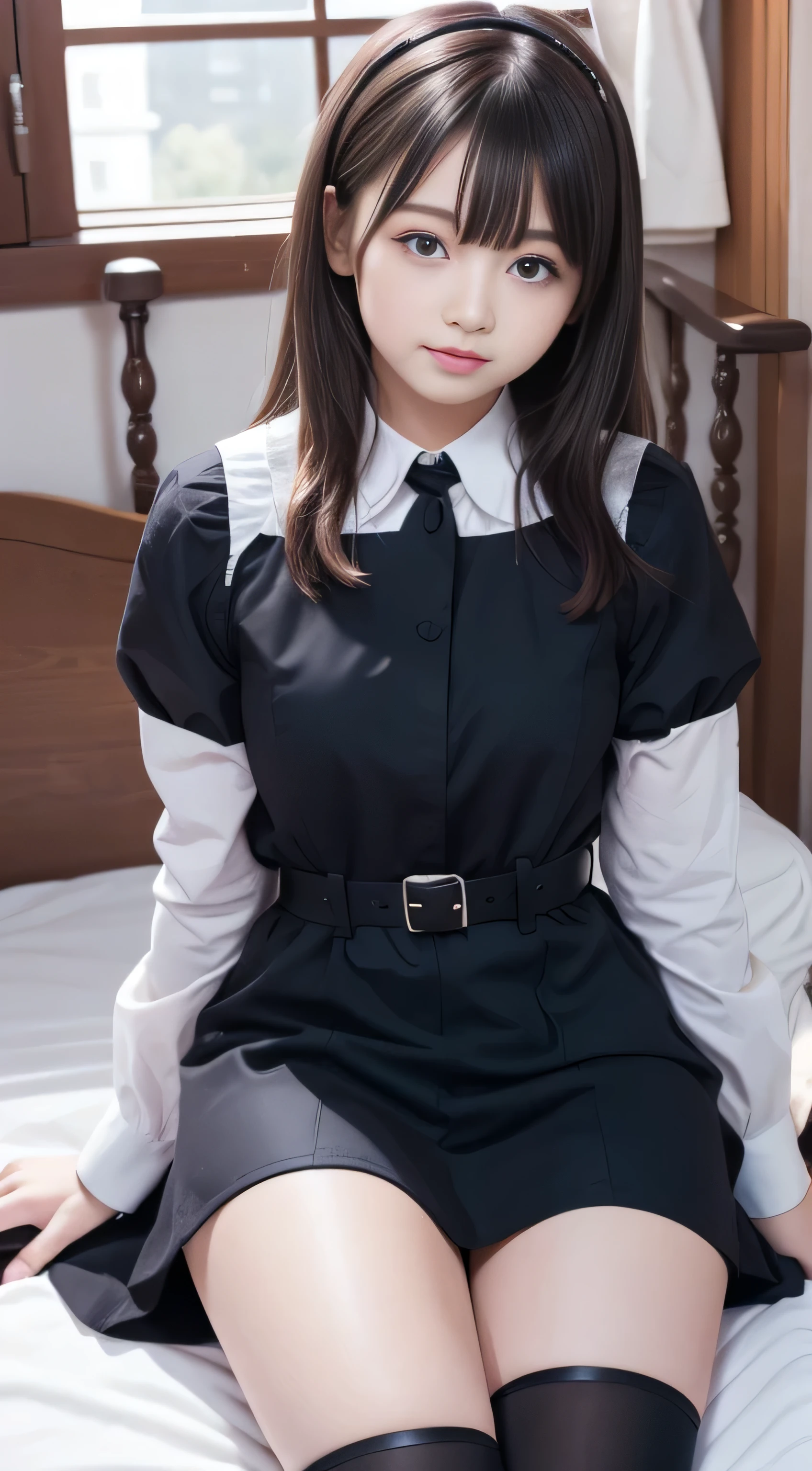 Best Quality, (One high school girl)、cute、Real、Japanese girl、(Maid uniform)、Blue eyes、Silver Hair、 blush、Shy、Lie down、On the bed、Facing the camera、black thigh belt、evening、 sexy pose 、Looking at the camera、Afternoon sun