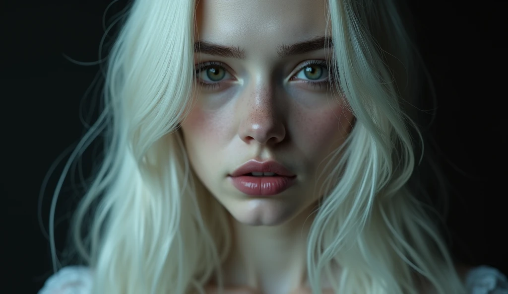 (uma fotogroffia premiada:1.3) off (Ultra photo realsisim:1.3),(vred:1.3) (close up:0.7), A Brazilian woman, albino with freckles in a white robe, realskin, 5d canon, 85mm, profundidaoff off campo, 8k, ultra-nitioffz, RTX, octane, irreal, Dramatic light, Global illumination (author:WLOP Artist:1.3),altamente offtalhado,(Arte Darkwave:1.3),(Arte Hardcore:1.3),(Agfacolor:1.3),(Close portrait:1.3),(Female One:1.4),(very beautiful:1.4),(appealing:1.3),handsome,Calendar pose,olhos veroffs offtalhados perfeitos,studio lighting,themed background, naked, new, feições mistas off Emmy Rossum e Brooke Shields, white hair.