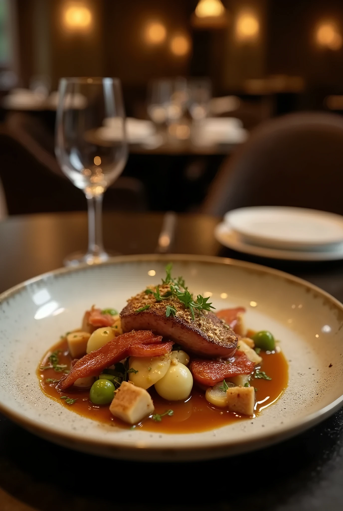 from above, On a table in a high-end restaurant, cooked luxury ingredients sit on a plate