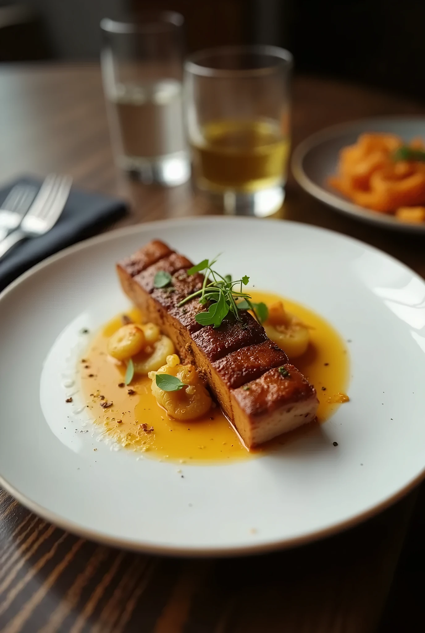 from above, On a table in a high-end restaurant, cooked luxury ingredients sit on a plate, (The ratio of plate to food is 9:1)