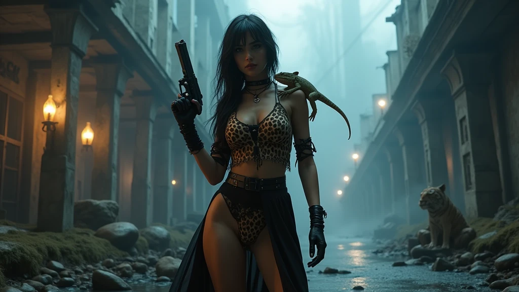 At night, dark sky, gorgeous Woman, (walks with a stray dog In a frozen cyberpunk city in ruins), 1drone. Heavy tropical rain, Head slightly tilted back, leather bikini, Distorted Space, Light Shafts, Volumetric Lighting, 4k Rendering, Stock Photo, Realistic Textures, Dramatic Lighting, Unreal Engine. Electric lighting. Windy messy hair. (((((1girl, solo, alone))))), large-breast:1.1 slim body, cleavage, (((headphone, black sunglasses))), (((hip-up standing and holding (pistol)))), (((half-body thigh level medium shot))), cinematic lighting, lens flare, ray tracing.
