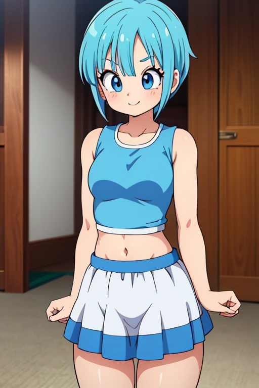 Bulma de Dragon Ball Daima, It must be small , adorable, young, sensual (100),  short light blue hair .  very pretty girl . sensual legs. tight top. Mechanical workshop. software. cute. ***********. look at the viewer. happy smile. illusion . fitted bodice.  small body . exposed navel. flamboyant miniskirt