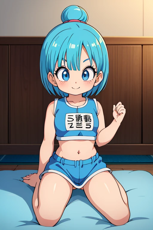 Bulma de Dragon Ball Daima, It must be small , adorable, young, sensual (100),  short light blue hair .  very pretty girl . sensual legs. tight top. Mechanical workshop. software. cute. ***********. look at the viewer. happy smile. illusion . fitted bodice.  small body . exposed navel. flamboyant miniskirt