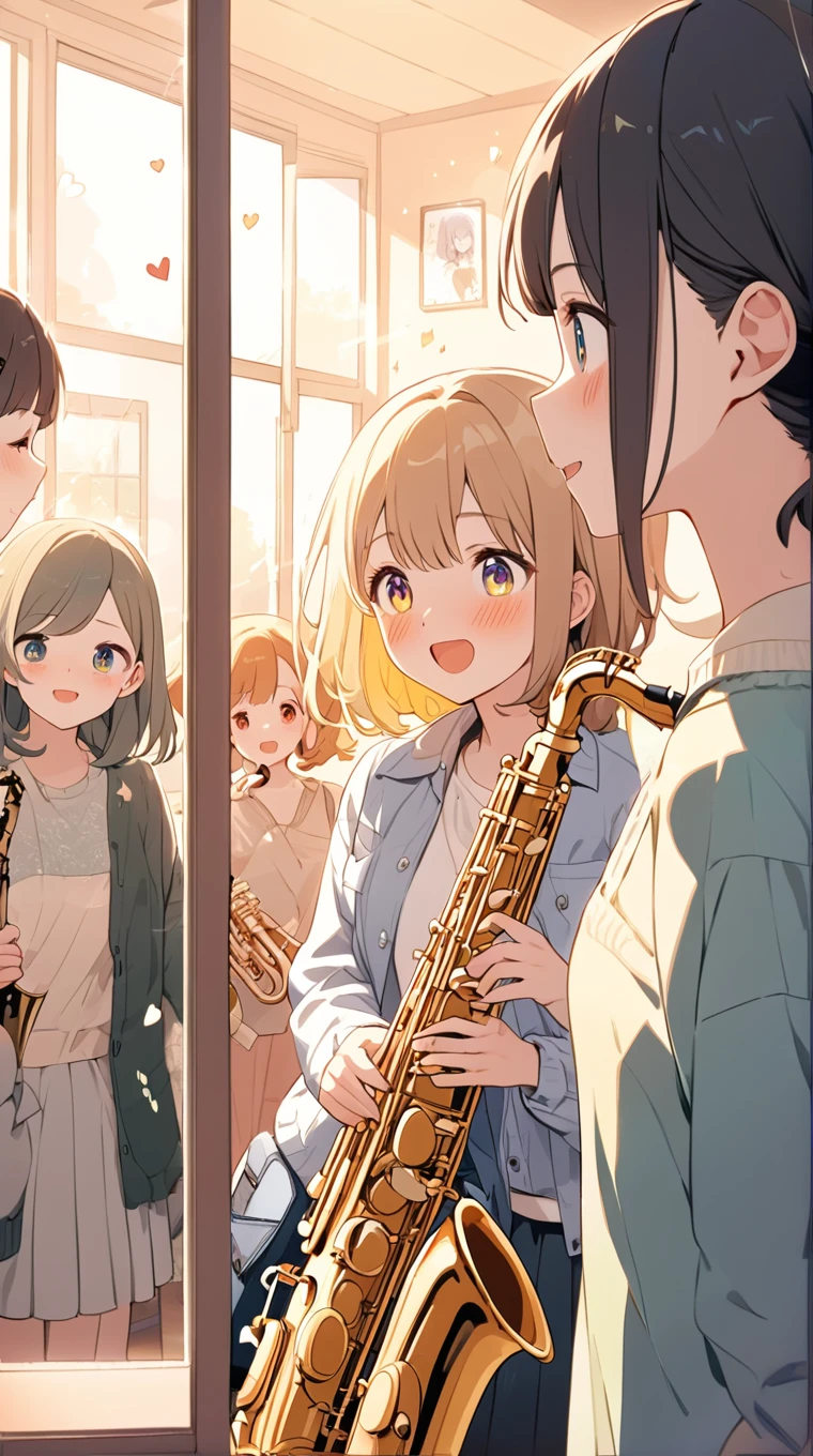 NSFW:1.3, {{{best quality}}}, {{ultra-detailed}}, {illustration}, {{an extremely delicate and beautiful}}, (multiple girls:1.3), ( 5 milf idol girls  ),  (  completely nude:1.2),  18year old, front view , in classroom, (playing saxphone:1.4), collared tie , (Big breasts), Black hair, Blonde hair, Beige hair, (glad:1.3),