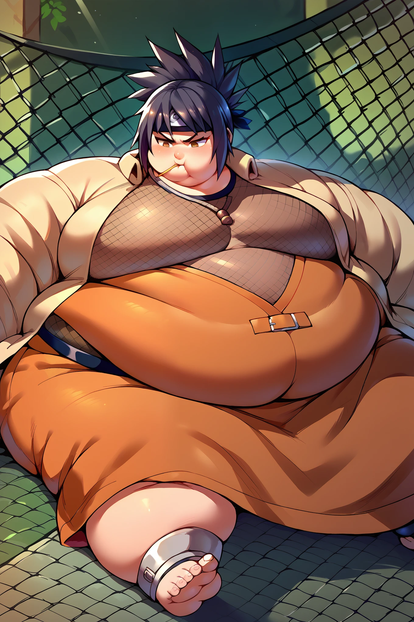 mitanko, folded ponytail, black hair, brown eyes, forehead protector, necklace, mesh bodysuit, belt, orange skirt, coat, toeless footwear, fat, chubby, obese, sitting down, resting, gigantic arms and legs, eating dongo 