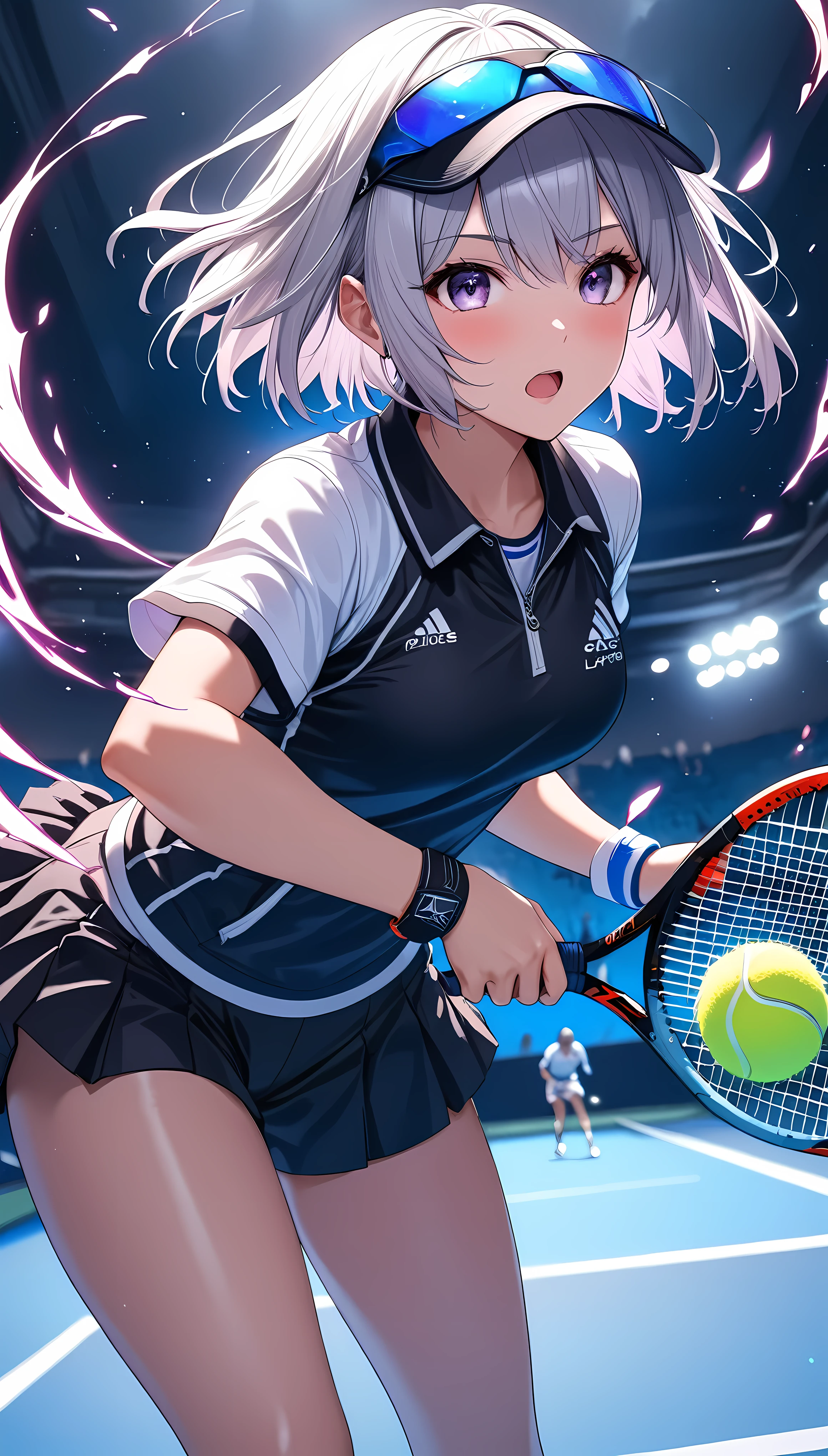 (masterpiece,  best quality:1.2),  1 girl, Alone, \ characters "Atlas"\,  short bob hair,  tennis spray , Finals ,  dynamic sports motion , The moment you hit the ball with a racket,  An aphrodisiac aura that makes viewers want to cheer , 