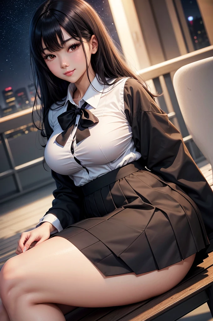 top-quality、masterpiece、(Realism:1.2)、女の子 1 人、20yr old、Japan pretty girls、Black hair、Brown-eyed、frontage、A detailed face、beautidful eyes、breastsout、cleavage of the breast、skirt by the、Japan school uniform、thighs thighs thighs thighs、knee high socks、pantiy、Shy face