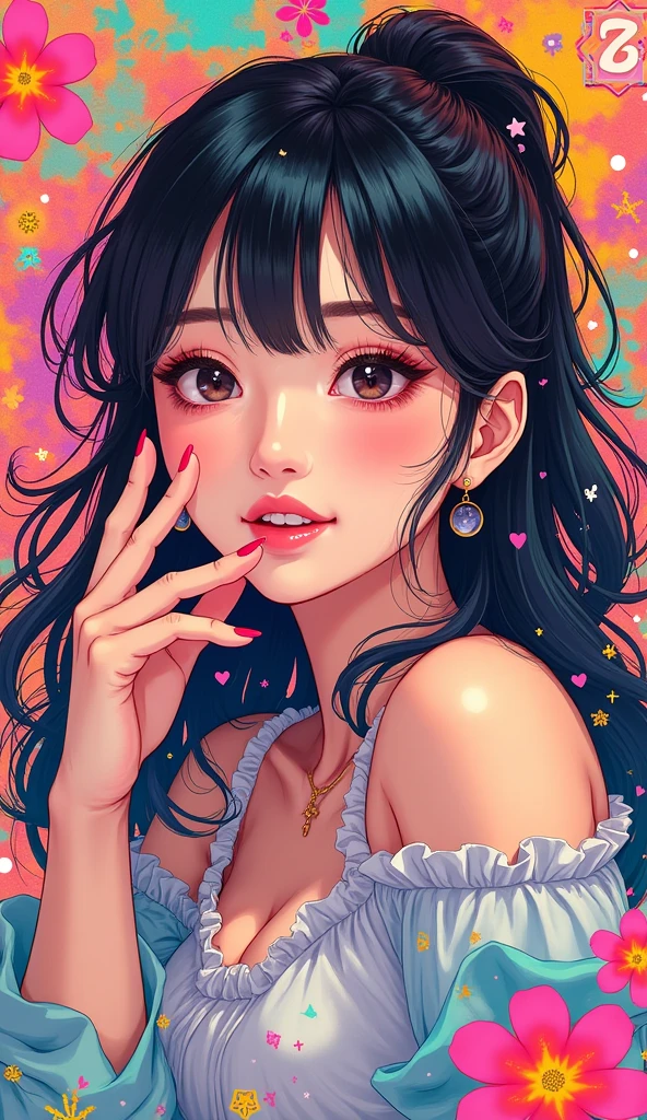 Girl, black hair, black eyes, beautiful, strapless mint dress, pastel colors, face close-up, flat, ponytail, sucking a lollipop, lipgloss, winking, Korean, pale skin