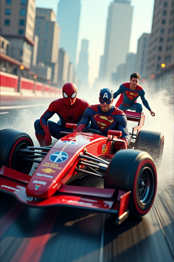 Make images of two superheroes without the head part, being a superhero in a child's body and a superhero in an adult's body driving fast car