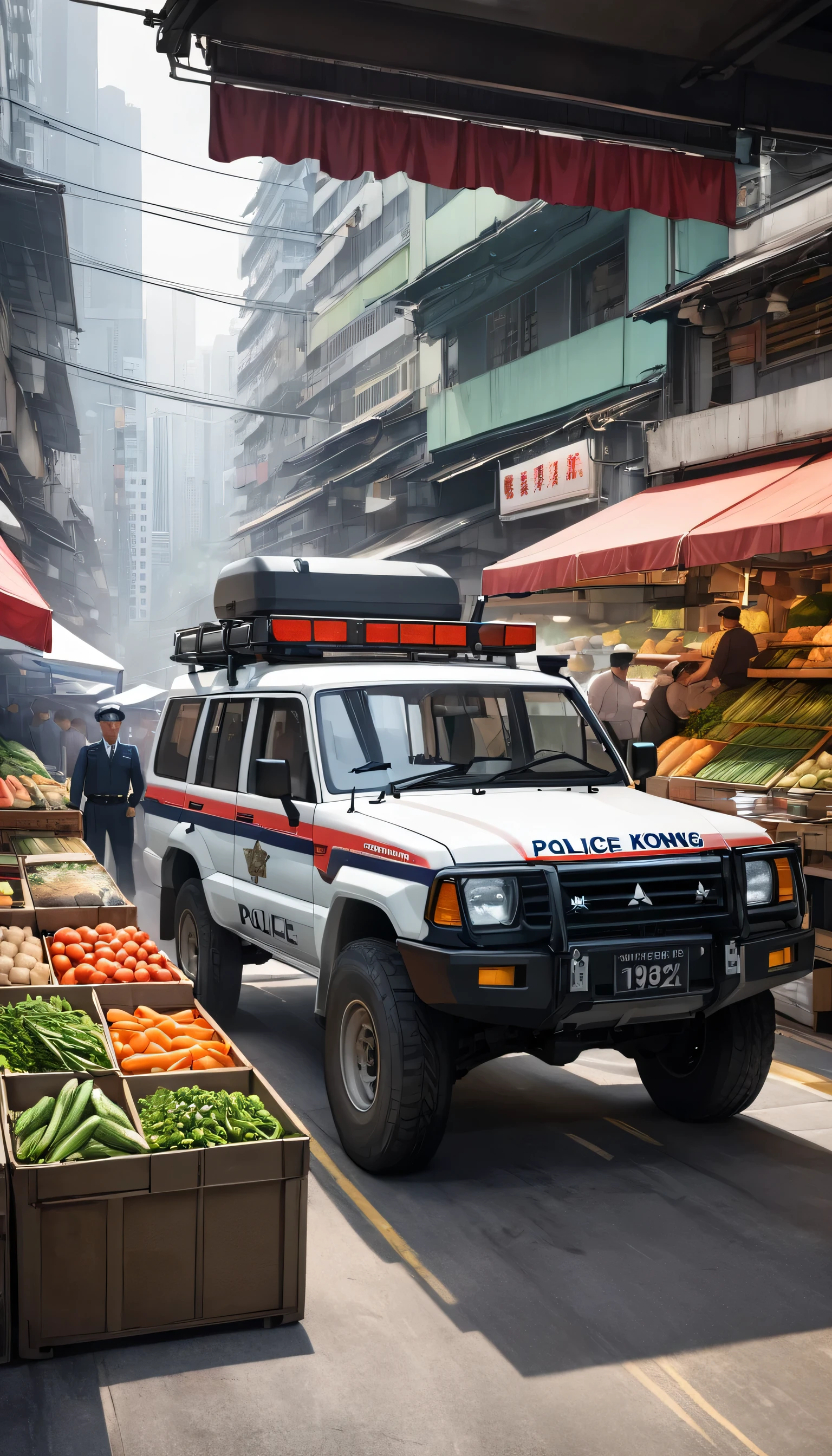 Realistic,Ultra-realism, car ,1 car ,enterprise:Mitsubishi,Models:Pajero , body style and exterior:SUV,Four-wheel drive ,or-trucks,Manufactured in 1982,Economic growth period , is located in Hong Kong ,Vegetable section, morning market , body color :Police,must:three-diamonds, exhaust cylinder is an amphibious model, side muffler, British colonial era , dish wheel ,Tetsuchin ,Hong Kong Police,A splendid arrest drama