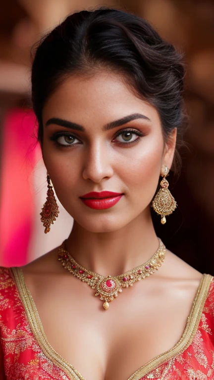 ((Full Open )) perfect pink eyes, fantastic face, Indian, beautiful look, ((red lips, bright eyes, curve heir 1.5)), ((beautiful details very big breast )), (Straight round and ultra huge clevage, not sagging breast), A glorious gorgeous, glorious gorgeous face, pretty face, bright eyes, detailed elegant printed red saree, updo elegant hair, blurred gray tones background, ultra focus, face ilumined, face detailed, 8k resolution, painted, dry brush, brush strokes, razumov style and garmash style, by Tokaito